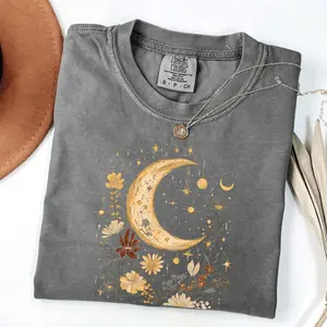 Comfort Colors Vintage Moon & Wildflower TShirt Cottagecore Graphic Tee, Botanical Gift, Garden Lover Aesthetic, Oversized Sun-Moon T-Shirt