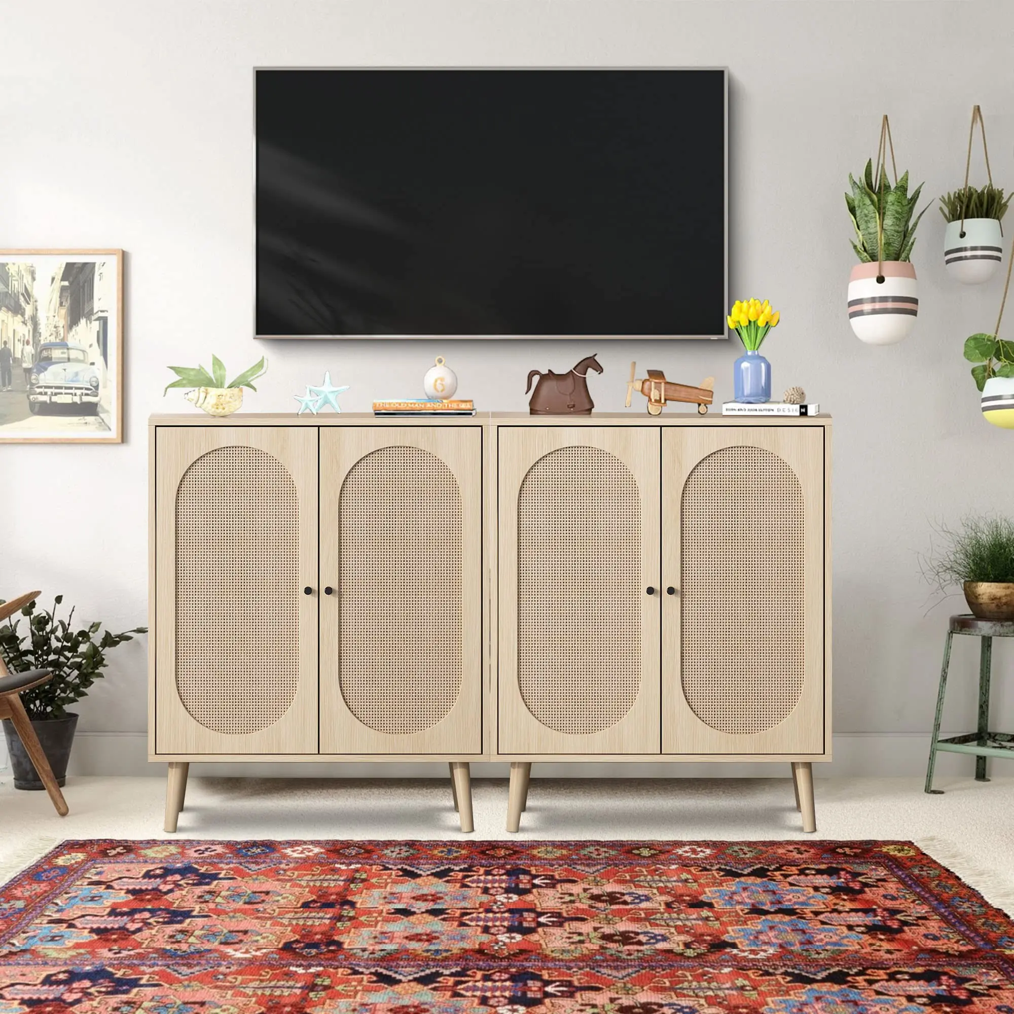 Giratree Sideboard Buffet Cabinet, High Kitchen Storage Cabinet with Adjustable Shelves and Rattan Doors, Accent Home Furniture for Bedroom, Living Room