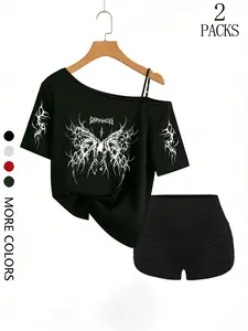 Women's Spring/summer Y2K Grunge 2-Piece Set, Gothic Tree of Life & Moon Phase Print, Off-Shoulder Tee, High-Waisted Shorts, Casual