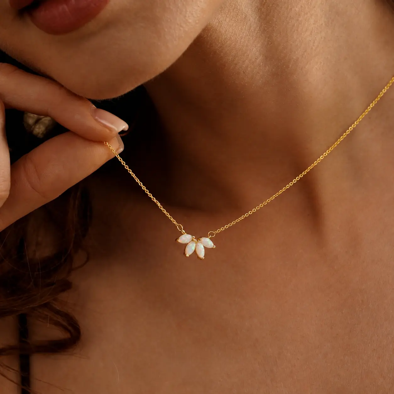 Women's Handcrafted Flower-Shape Opal Necklace - Marquise White Australian Opal Inlay Charm, Mothers Day Gift, Dainty Artificial Gemstone Jewelry
