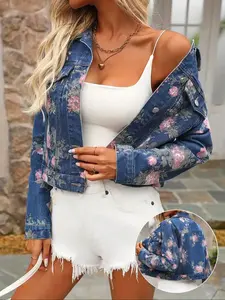 Women's Floral Print Denim Jacket, Casual Everyday Long Sleeve Fall Winter Outerwear, Button Front Pilot Style Coat, Plant Pattern Jean Jacket, Fitted, Womenswear