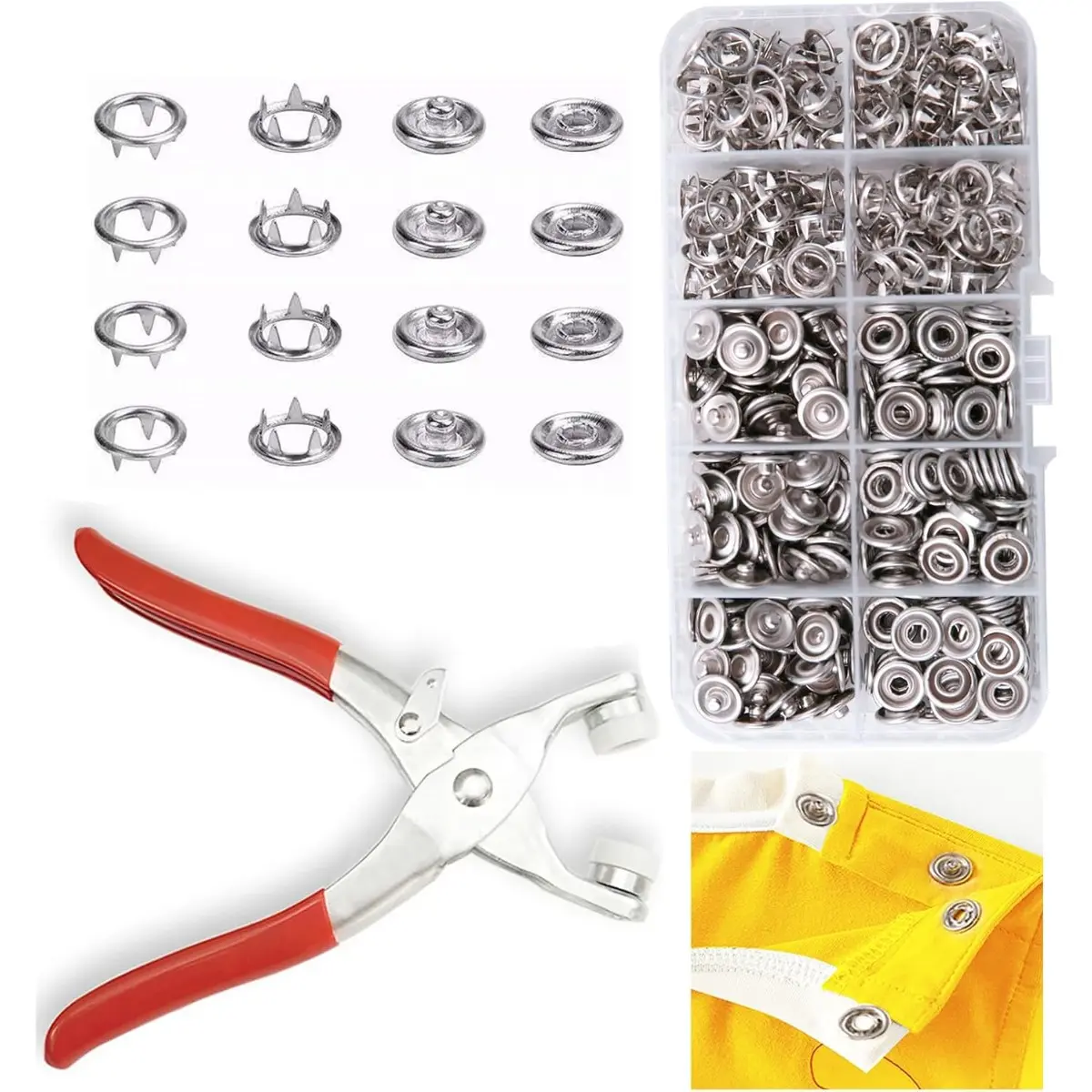 100-Set Copper Alloy Metal Buckle Kit (400 Pieces) with Fastening Pliers, 6.5mm Inside Diameter Hollow Prongs Sewing Supplies Crafts for Baby Clothes Bibs, Clothing DIY Hats