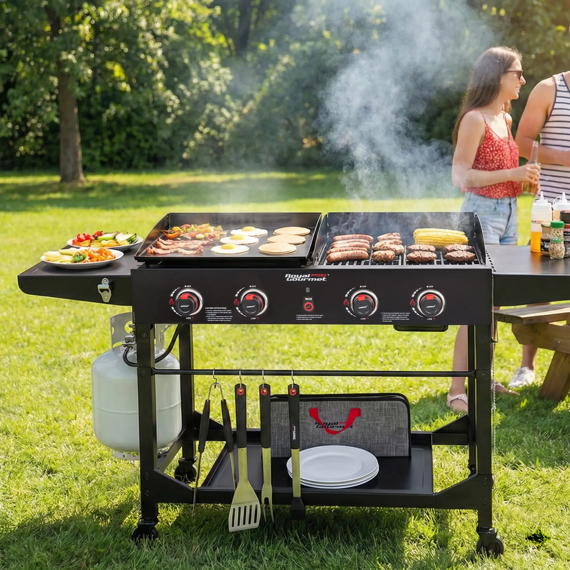 Royal Gourmet GD402 2-in-1 4-Burner Portable Flat Top Gas Grill & Griddle Combo, 48,000 BTU with Folding Legs, Large Cooking Area for Camping, Tailgating, Backyard, Black Outdoor Cooking Equipment Detachable Bbq