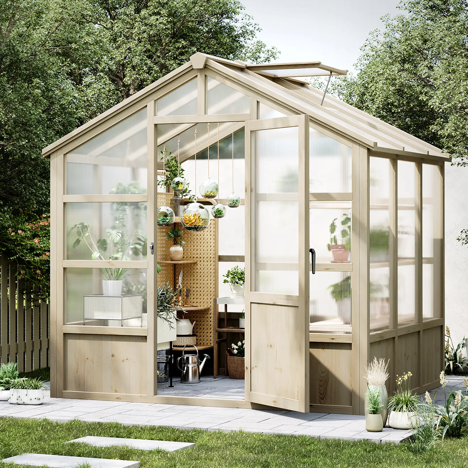 Heavy Duty Wood Greenhouse Storage with Polycarbonate Panels – Weatherproof, Lockable Door, Adjustable Vent, Large Walk-In Outdoor Conservatory for Vegetables, Herbs, Gardens & Yards