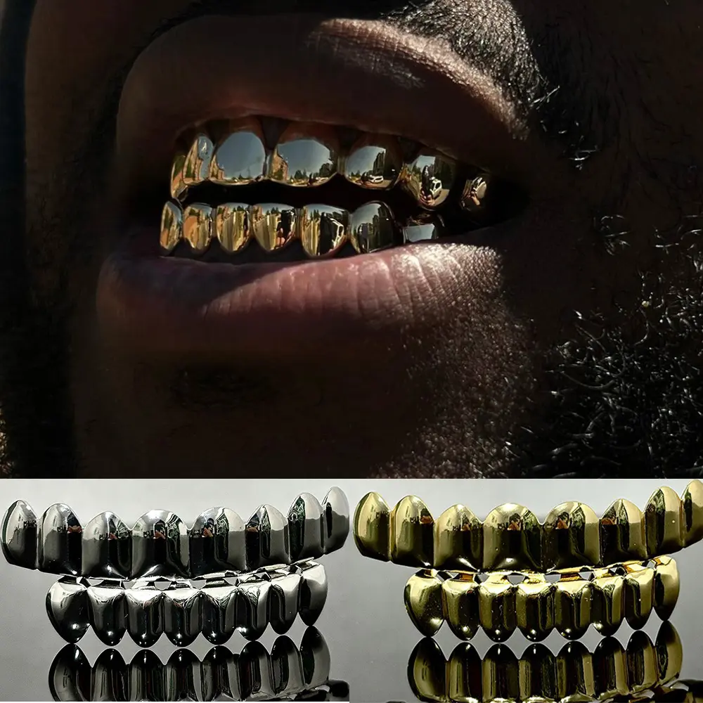 Hip Hop 8/8 Glossy Gold-Silver Tooth Grillz Gold Set, Top-Bottom Dental Caps Braces for Men Women Fashion Costume Jewelry Accessories