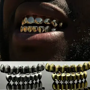 Hip Hop 8/8 Glossy Teeth Grillz Gold Silver Color Tooth Caps Braces Top Bottom Dental Grills For Women Men Jewelry