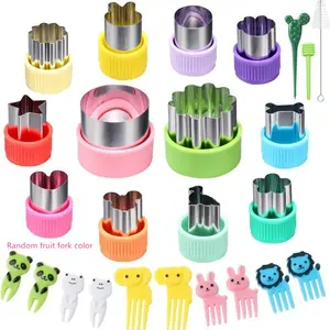 Stainless Steel Fruit Cutter Set, 25pcs/set Cute Cartoon Pattern Fruit Dough Cutter Mold with Random Color Fruit Fork, DIY Baking Mold for Home Kitchen Dining Room, Cookiecutters