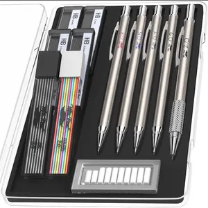 Metal Mechanical Pencil Set with Lead and Eraser Refills 5 Sizes 0.3 0.5 0.7 0.9 2mm for Drafting Sketching Architecture Drawing Professional Look Comfortable Grip