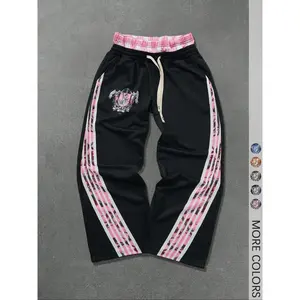 Men's Side Stripe Double Waisted Drawstring Waist Loose Wide Leg Sport Sweatpants Streetwear Pants Men Street Wear Pants, Graphic Sweats, For Rave