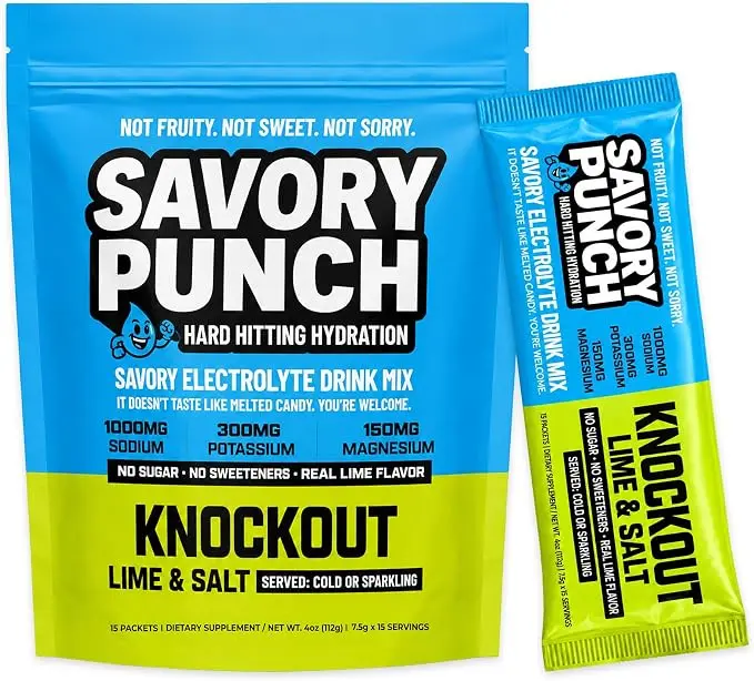 Savory Punch Knockout Lime & Salt Electrolyte Powder, 15 Stick Packs, Savory Not Sweet, 1000mg Sodium, 0g Sugar, No Artificial Sweeteners, Keto & Fasting Friendly, Drink Cold or Sparkling