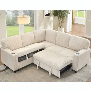 5-Seater L-Shaped Sleeper Sofa Bed with Storage & USB Ports, Beige