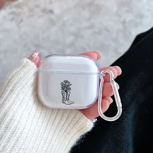 Boot Floral Charm Pattern TPU Soft Protective Case for Apple AirPods 4/3/2/1/Pro/Pro2 Transparent Earphone Cover with Keychain Attachment