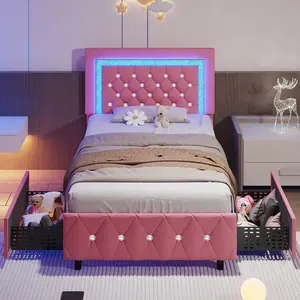 Twin/ Full/ Queen/ King Size Bed Frame With Storage Drawers, Upholstered LED Bed Frame With Headboard, Modern Platform Bed Frame With Headboard And Footboard, Diamond Tufted Design, No Box Spring Needed (Twin Size 2 Drawers/ Other Size 4 Drawers)