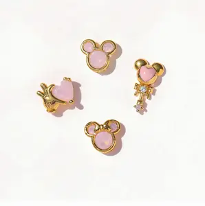 Disney Mickey Cartoon Earrings Set - A Set of Four with Pink Gemstones and Gold-Tone Design Unisex Jewelry
