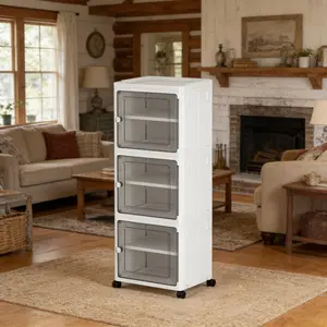 Expanded Bathroom Storage Cabinet, 3-Tier Tall Cabinet Organizer with Wheels, Foldable Plastic Storage Bin for Kitchen, Laundry Room or Home, White