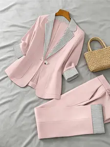 Two piece fashionable and high-end seven quarter sleeved suit set with striped and flanged design, versatile and stylish in the workplace, suitable for spring and summer, interviews, onboarding, business training, and light business parties