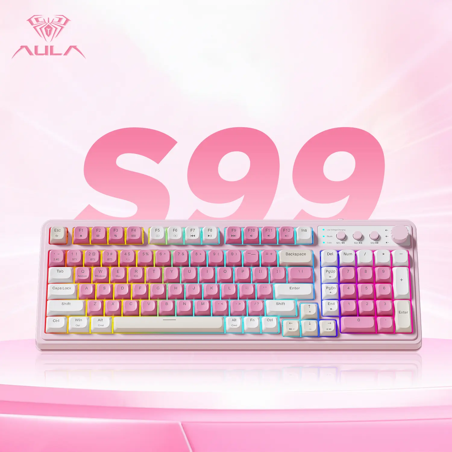 AULA S99 Key Keyboard, Tri-Mode Bluetooth/2.4GHz/USB-C Cute Creamy Gaming Keyboard with Number Pad RGB Backlit, Media Knob Custom Mechanical Feel Computer Keyboard for MAC Xbox PC Gamer S99 Keyboard Fixed Keycaps & Switches (Non-Replaceable)