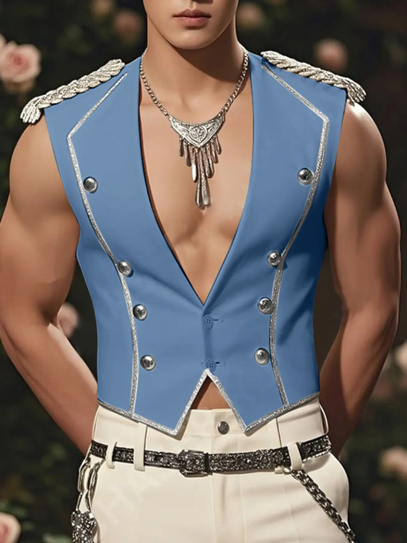 INCERUN Men's Shoulder Patch Design Vest, Flashy Ribbon Trim, Two-Buckle Closure, Stylish Outerwear for Men, Perfect for Casual Wear