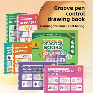 6-Piece Slot Letter Number Handwriting Practice Book Set, Visual Learning Tools, with Automatic Disappearing Pen, Groove Pen Control, Dual Spiral Binding Design, Durable & Easy to Use