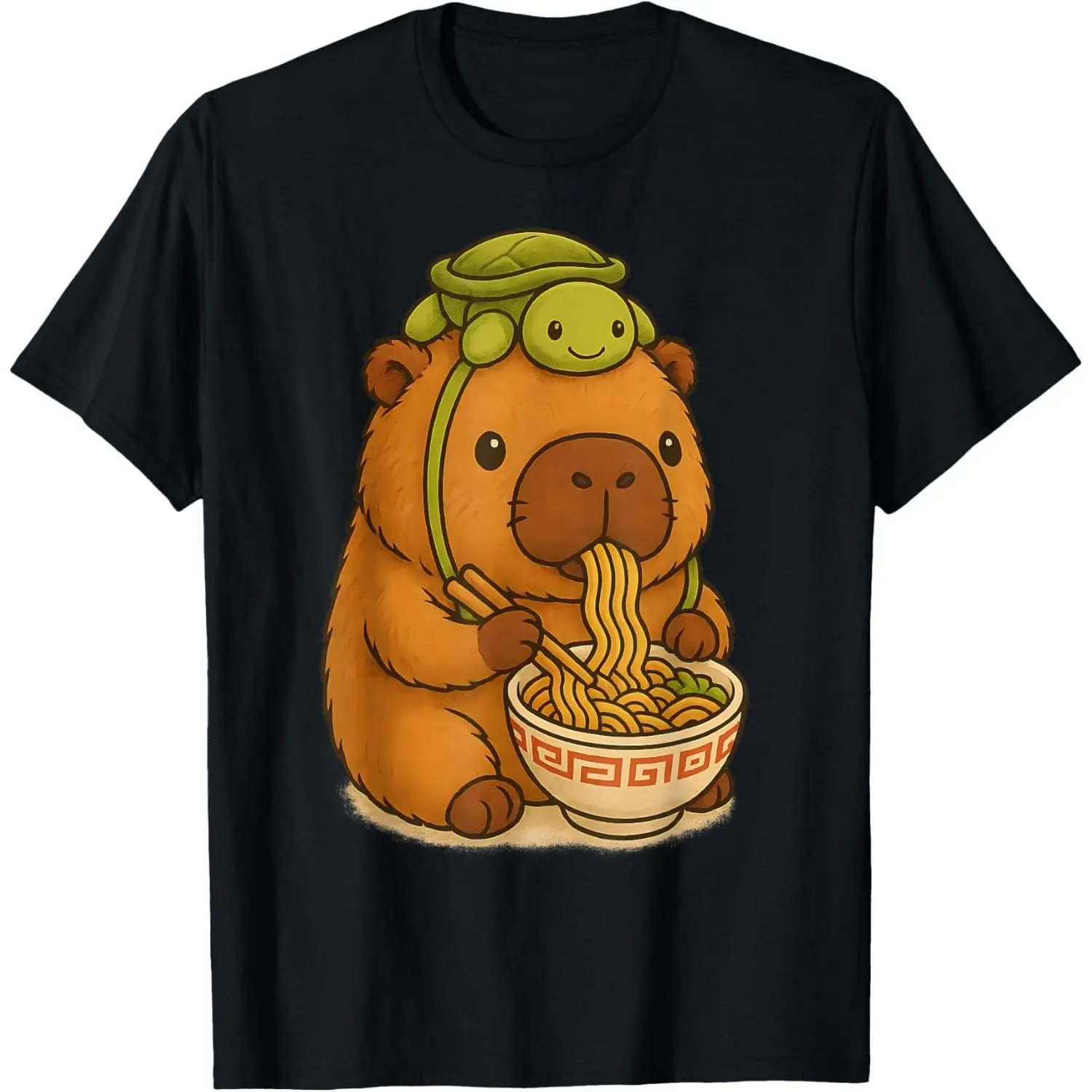 Menswear Tshirt with Funny Capybara Ramen Print, Cartoon Style Lightweight Apparel, Fade-Resistant and Cold Wash Safe