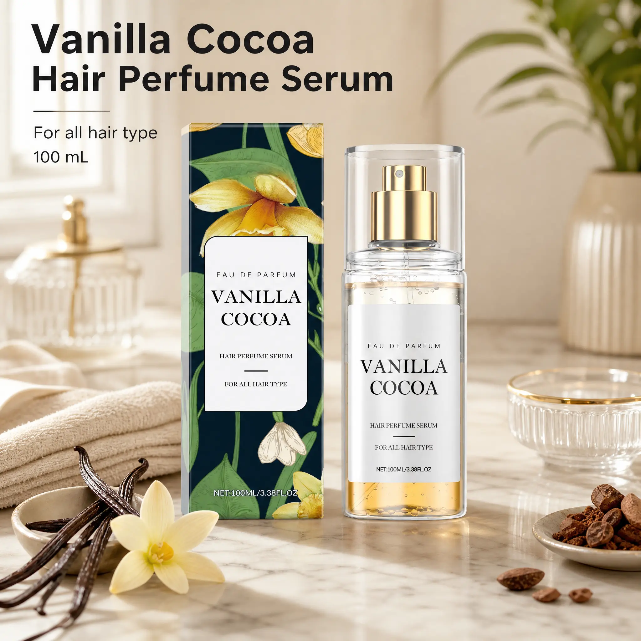Vanilla Cocoa Hair & Body Fragrance Mist, Light Scent Hair Perfume Spray for Fresh-Smelling Hair and Everyday Refreshing,light-scented perfume, floral elegant scentual fruit sweet fruity Eau de Parfum natural  gourmand fragrance e daily portable