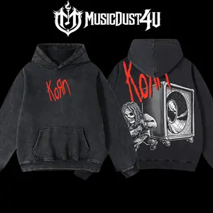 MusicDust4U Korn "Skeleton Pulling Speaker" Design 100% Premium Cotton 230gsm Washed Unisex Classic Fit Menswear T-Shirt & Hoodie American-Made