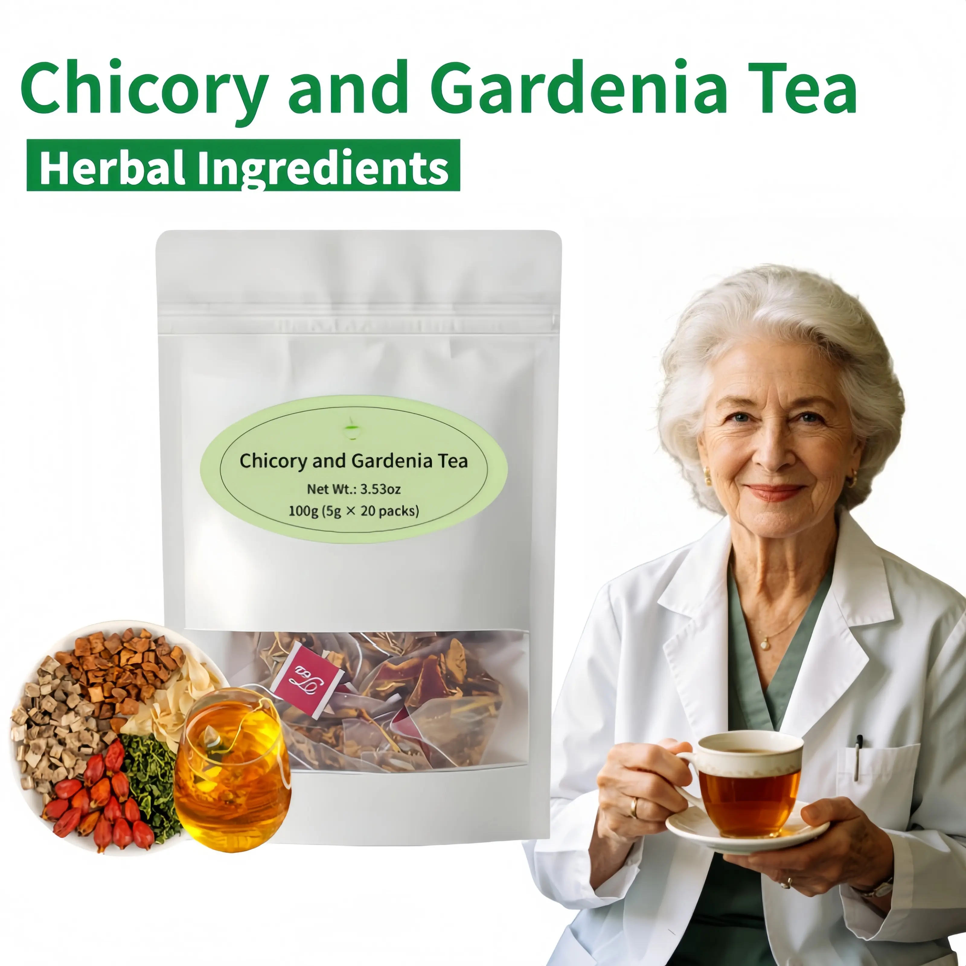 20 Tea Bag Chicory and Gardenia Herbal Tea Ready to Eat Convenient | 7-Ingredient Blend with Chicory, Gardenia, Mulberry Leaf | Vegan & Caffeine-Free