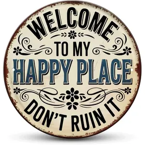 Happy Place Tin Sign, Vintage Welcome Metal Sign Print Aesthetic Room Decoration for Home Bedroom Bar Cafe Garden and Outdoor Round Wall Decor