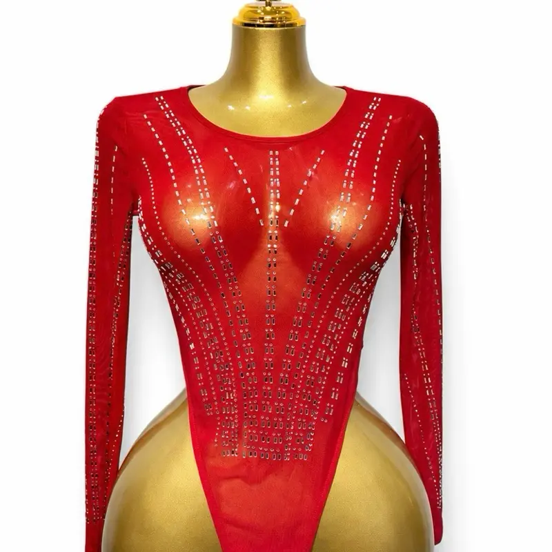 Women's Sheer Rhinestone Bodysuit, Womenswear Tops