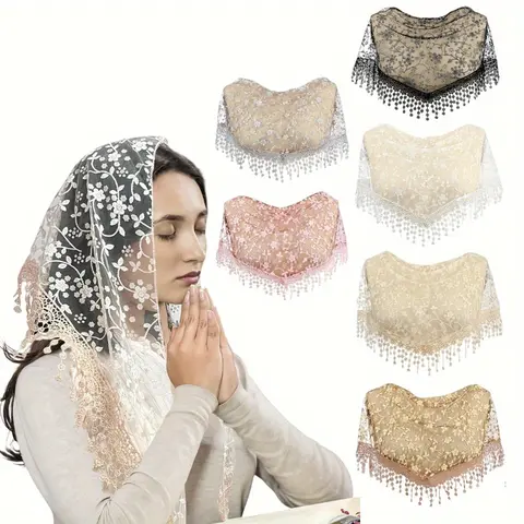 6 Pack Triangle Lace Mantilla Veil Set,Tulle & Floral Lace Scarves,Shawls for Women,Holy Week Church Wedding Elegant Accessories Adult Christmas Party Father's Day Gifts