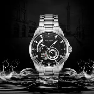 Elegant Power Reserve Skeleton Automatic Men Watch, Matte Black Grid Dial with Visible Mechanical Movement Window, Dual Function 24H Counter & Energy Display, Polished All-Silver Metal Case