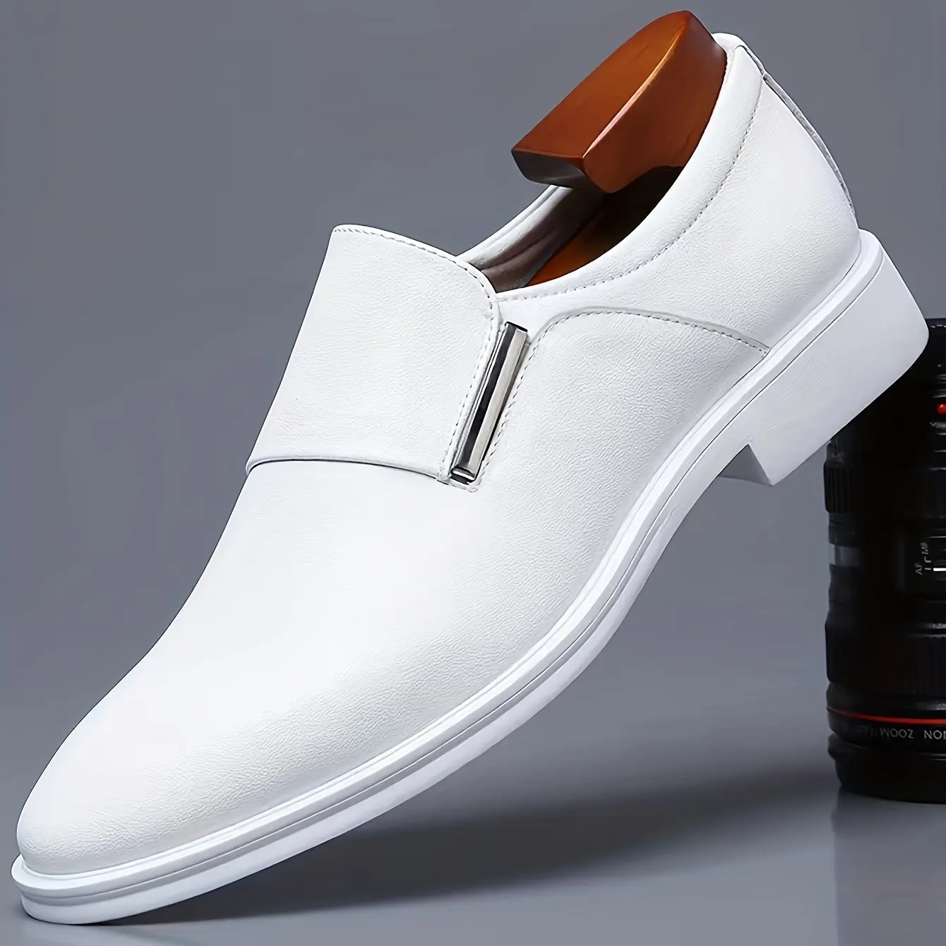 Classic Men's Slip-on White Leather Shoes, Wearable All Seasons, Suitable for Business, Office, Wedding and Casual Wear