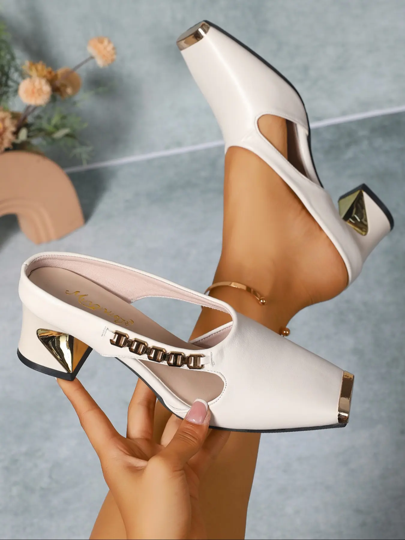 Women's High Heel Elevated Sandals, Fashionable Sandals, Classy Sandal, Embellished Sandal, Hollow Out Design, Gold Chain Decorative Square Toe, Comfortable Casual Shoes, Elegant Party Shoes for Summer Parties