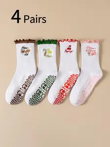 Women's Sports Mid-Calf Socks, Cute Cartoon Embroidered Ruffle Socks, Anti-Slip Silicone Pilates Yoga Socks, Indoor Dance Floor Socks
