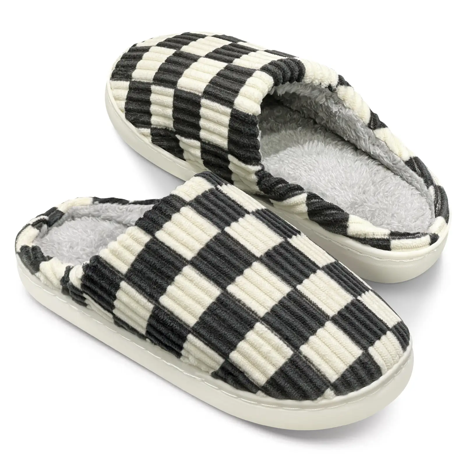 Slippers for Women Men, Plush House Shoes Memory Foam Checkered Slippers Womens Casual Fuzzy Bedroom Indoor Outdoor Plaid Shoes with Fur Lining