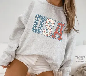 USA Retro Floral Sweatshirt Vintage Aesthetic Style Distressed Lettering Unisex Crewneck Patriotic Pullover American Apparel USA Sweatshirt 9D