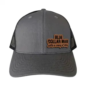 Blue Collar Man With A Crazy Ol’ Lady Leather Patch Hat, Funny Trucker Hat, Laser Engraved Faux Leather Patch Snapback Cap, Blue Collar Humor Hat
