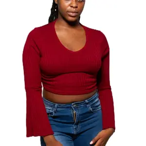 Fluted Sleeve V Neck Top ( Butgundy ) Small