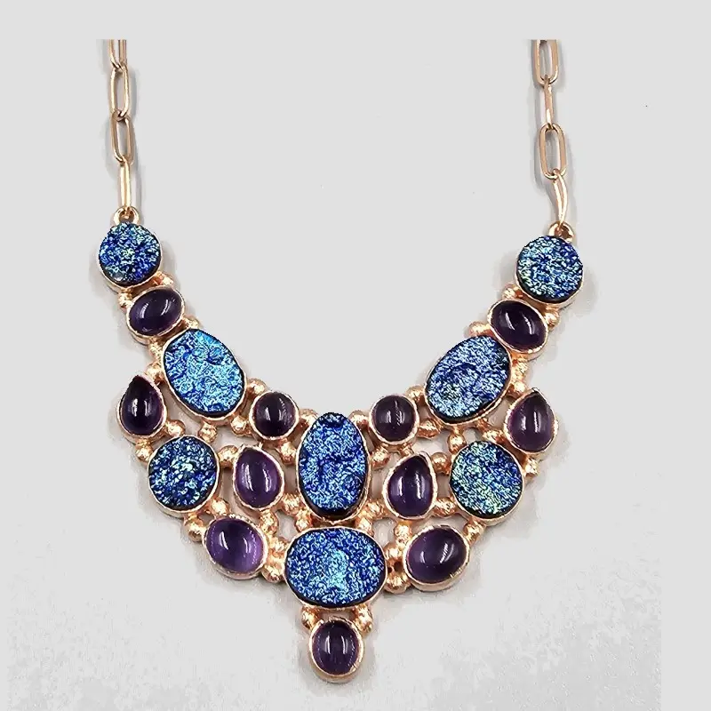 BORNITE with AMETHYST COPPER PAPER CLIP BIB NECKLACE