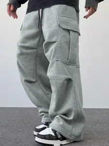 Men's Solid Color Jogger Pants with Elastic Drawstring, Sporty Workwear Style, Featuring Front and Back Pockets as Well as Side Flap Pocket Design, Suitable for All Seasons, Casual and Minimalist Street Style Straight-Leg Trousers, Plus Size Men's Apparel