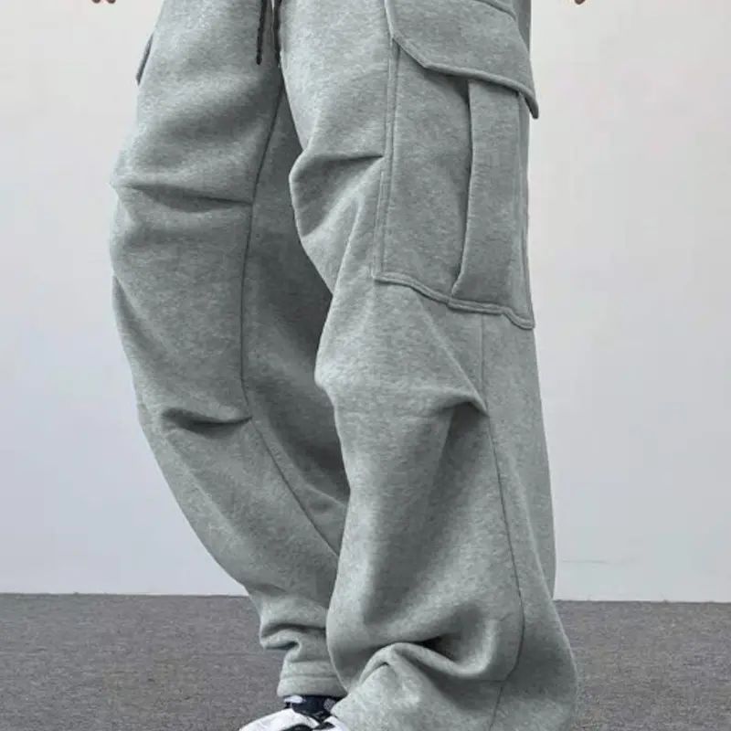 Men's Solid Color Jogger Pants with Elastic Drawstring, Sporty Workwear Style, Featuring Front and Back Pockets as Well as Side Flap Pocket Design, Suitable for All Seasons, Casual and Minimalist Street Style Straight-Leg Trousers, Plus Size Men's Apparel
