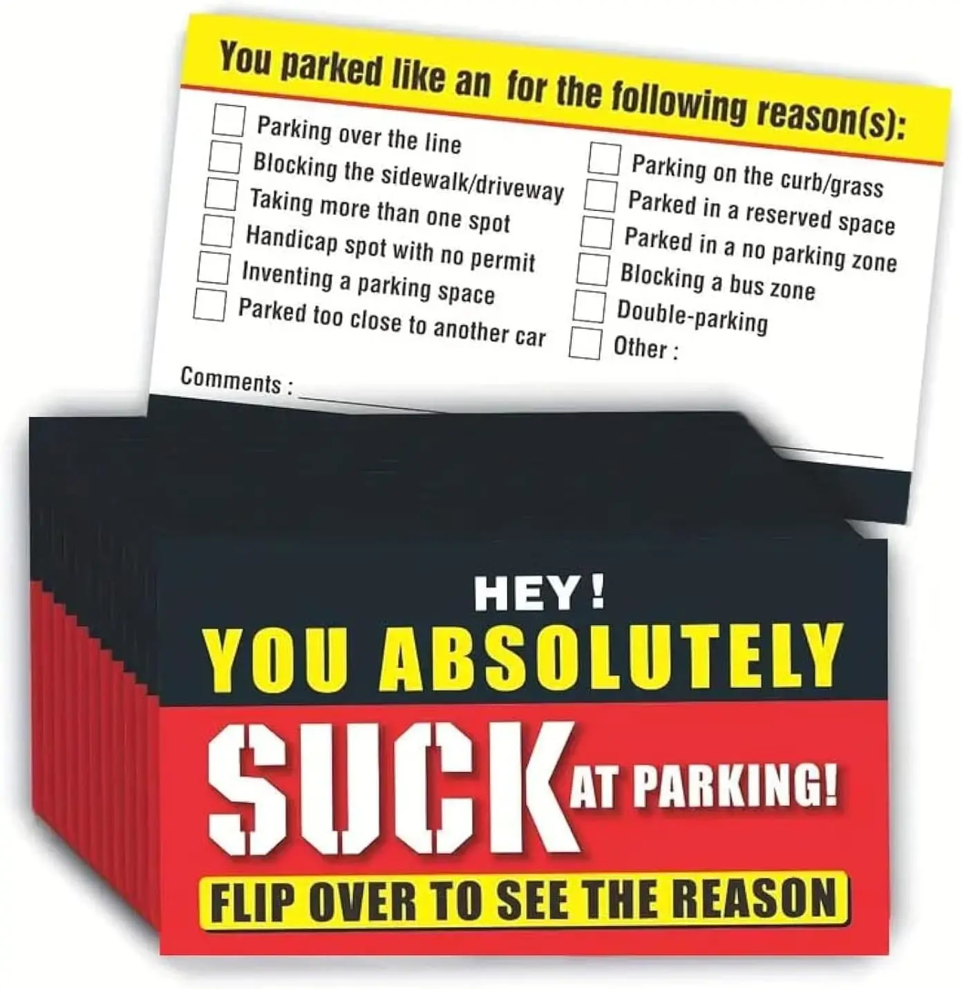 Bad Parking Cards - 100Pcs You Absolutely Suck At Parking Cards - Funny Parking Violation Tickets & Prank Gag Gifts for Drivers - Multi-Reason Notice for Windshields (3.5" x 2" Red)