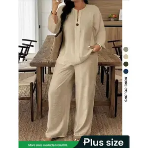 Spring/Summer New Plus-Size Women’s Casual Breathable Long-Sleeve Shirt and Loose Pants Two-Piece Set, Comfortable and Stylish