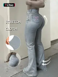 GILIPUR Y2K Women's Casual Denim Flared Leg Pants Back Pocket Embroidered Bow Mother Stretchy Jeans Comfortable And Fashionable Chic Women's Pants For All Seasons Stretchy Jeans Flared Pants Starched Stretchy Jeans Girls Stretch Stretchy Jeans