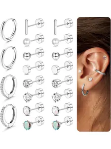 Hypoallergenic Post Earrings for Sensitive Ears, 20g Flat Back Surgical Steel Studs, Small Huggie Hoop and Cartilage Earring Set in Silver Color