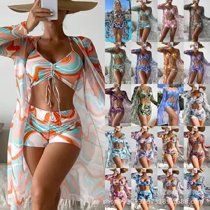 Women Bikini Set Summer Y2K Boho Long Sleeve V Neck High Waist Adjustable Tie Breathable Beach Built In Shorts Pockets Quick Dry Backless Ruched