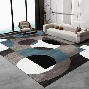 Modern Geometric Flannel Area Rug, Geometric Pattern Rug - Mid-Century Teal & Gray Print Soft Mat for Living Room & Bedroom, Non-Slip Home Decor Abstract Rugs