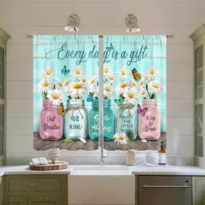 Set of 2 Farmhouse-Style Blackout Curtains Featuring Rustic Daisy Flowers, Ideal for Short Cafe Windows Measuring 28X40 Inches. These Rod Pocket Drapes Are Perfect for Small Spaces Like Cafes, Shops, Kitchens, And Bathrooms panel doble layer