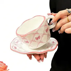 Cute Bow Ceramic Cup Set, Home & Office Use, Lovely Coffee Mug, Tea Cup, Stylish Drinkware, Perfect Gift for Women Friends, Butterfly