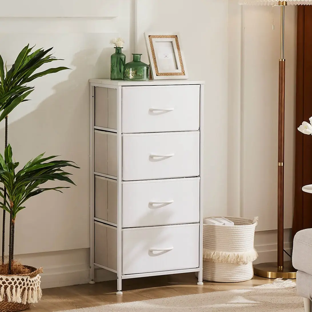 4-Drawer Fabric Nightstand with Wood Top, Small Bedside Table with Storage for Bedroom, Nursery, Dorm, Metal Frame